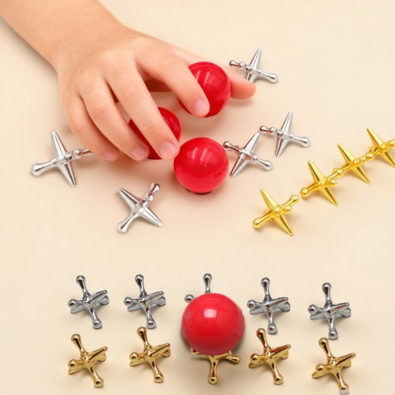 Party Games Jack - Mini-Metall-Klassiker-Jack-Spielset mit Hüpfball, Zinklegierung, Familienspaß, Partygeschenke,